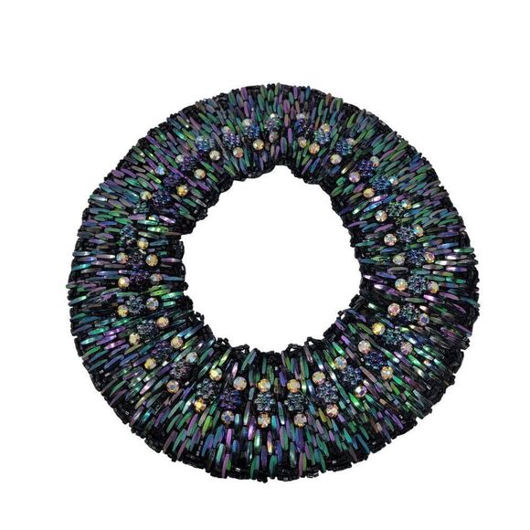 Vintage Handcrafted AB Oil Slick‎ Beaded Statement Bib Collar Necklace Cleopatra - Picture 7 of 11